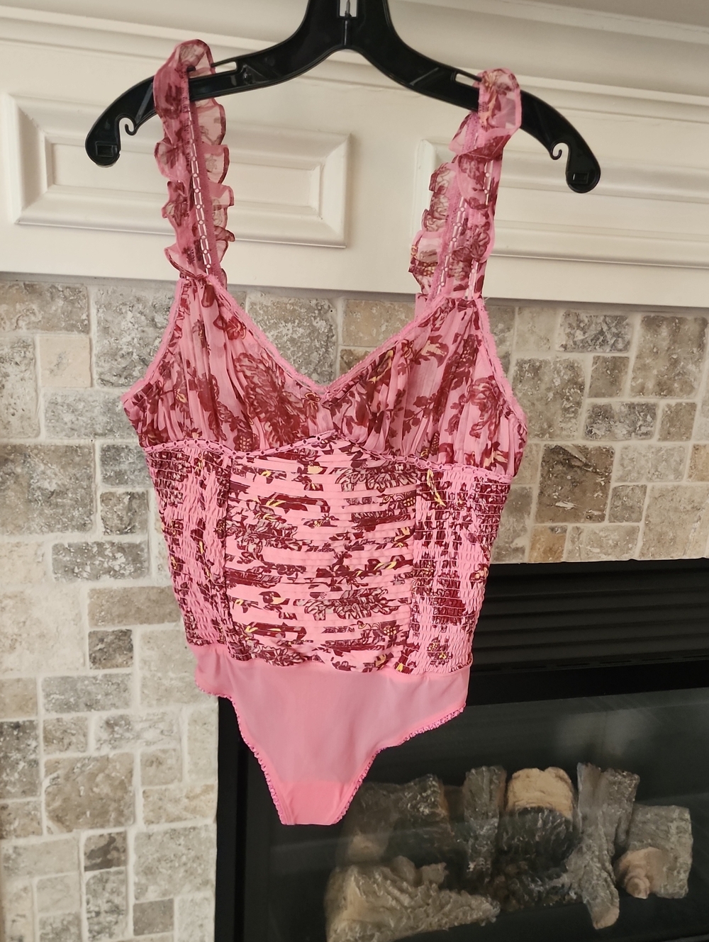 Free People Pink Floral Ruffle Strap Smocked Bodysuit